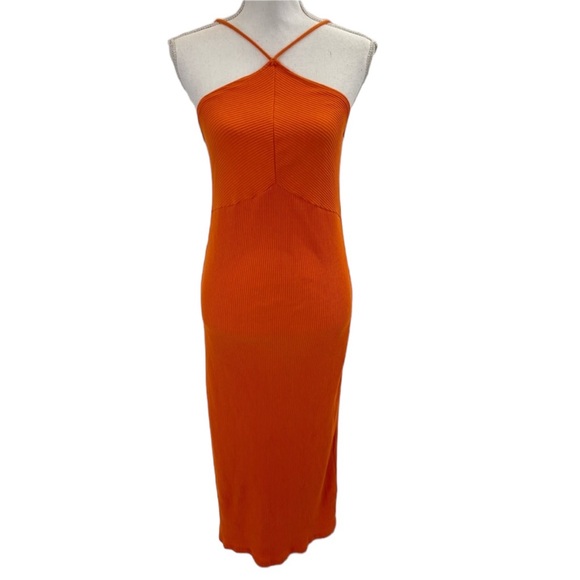 Zara Ribbed Cotton Halter Dress Large Orange - Picture 2 of 16